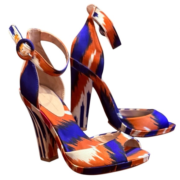 Zara Shoes - NWOT Zara Orange/Blue Silk 4” Heels w/ankle strap Size38/8 MSRP $130